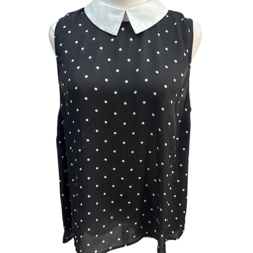CeCe Black Polka Dot Sleeveless Blouse with White Collar